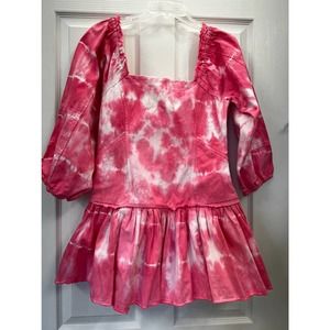 LoveShackFancy Peplum Top 3/4 Sleeve Square Neck Pink Tie Dye Size 6 100% Cotton